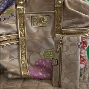 Coach Beige and Gold Floral Backpack Set